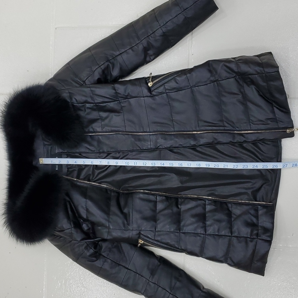 Lambskin down puffer coat fur collar women's size 6 black gold zippers - Picture 3 of 15